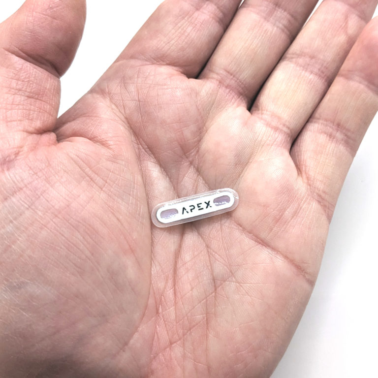 A very small microchip lays in a person's palm.